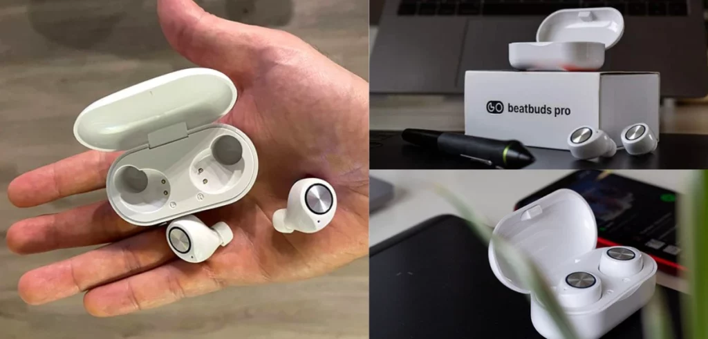 person holding BeatBuds Pro placed on table on phone